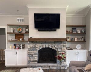 Fire place with mantel & wall shelves
